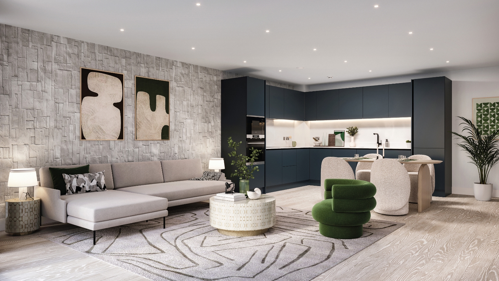 Fusion kitchen and living room CGI