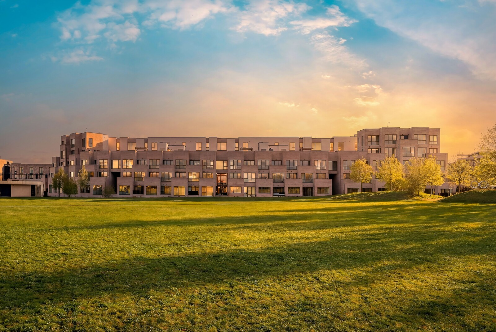 The Icon apartments at sunset beside Storey's Field